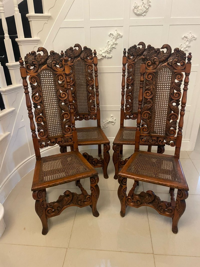 Set of 4 Antique Victorian Quality Carved Walnut Dining Chairs